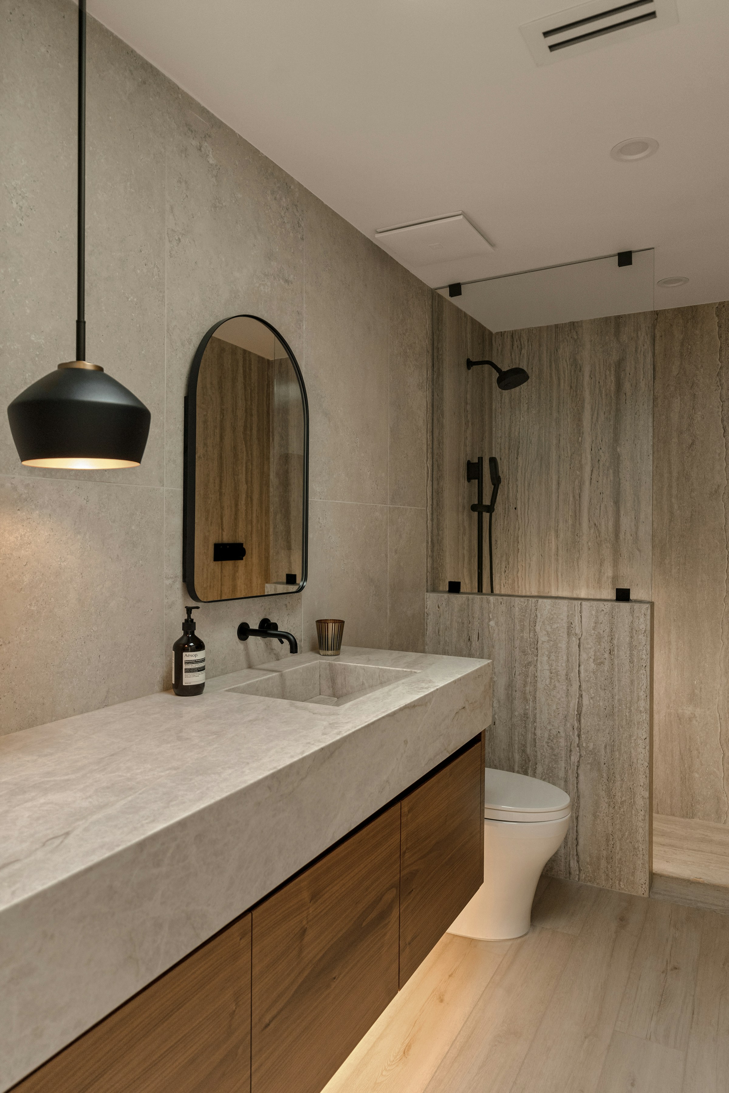 Warm bathroom with freestanding bath